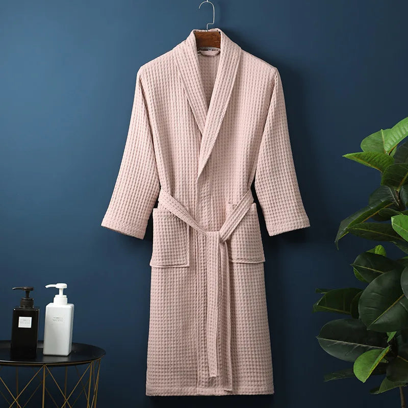Pink Cotton Shawl-Collar Bathrobe on a hanger, front view