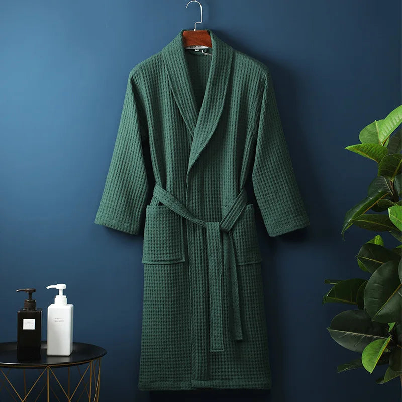Green Cotton Shawl-Collar Bathrobe on a hanger, front view