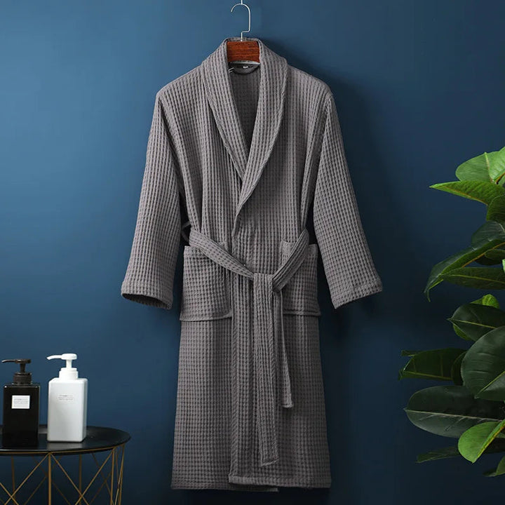 Gray Cotton Shawl-Collar Bathrobe on a hanger, front view