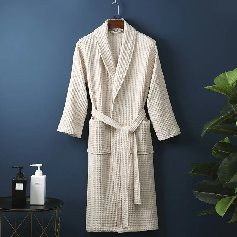 Beige Cotton Shawl-Collar Bathrobe on a hanger, front view