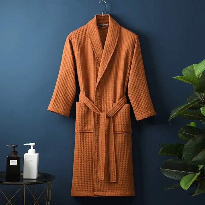 Orange Cotton Shawl-Collar Bathrobe on a hanger, front view