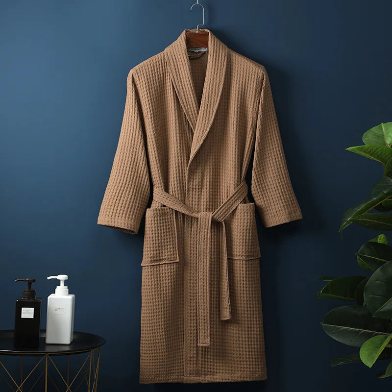 Coffee Cotton Shawl-Collar Bathrobe on a hanger, front view