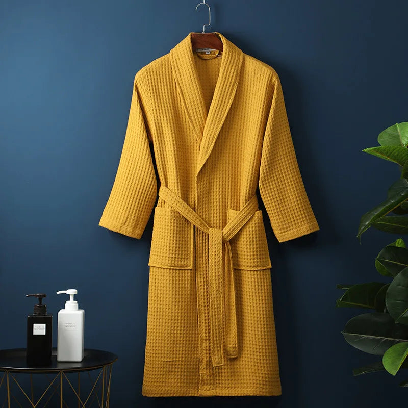 Yellow Cotton Shawl-Collar Bathrobe on a hanger, front view