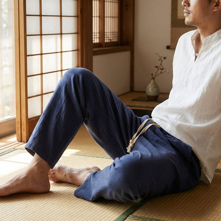 Cotton Trousers with Elastic Drawstring Waist - Black Detail