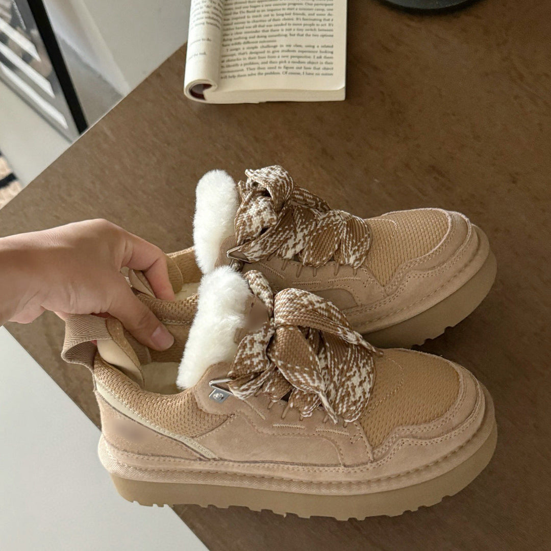 Beige Ribbon-Lace Platform Sneakers front view