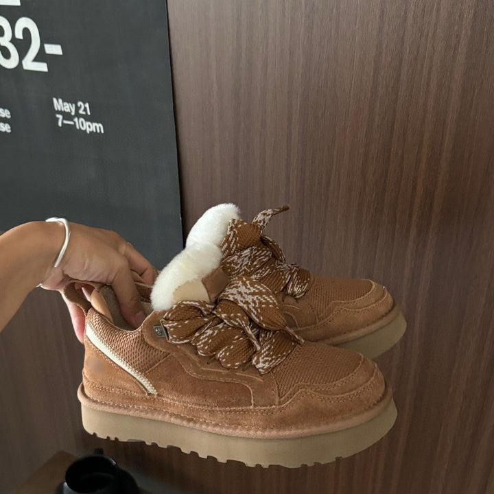 Brown Ribbon-Lace Platform Sneakers front view