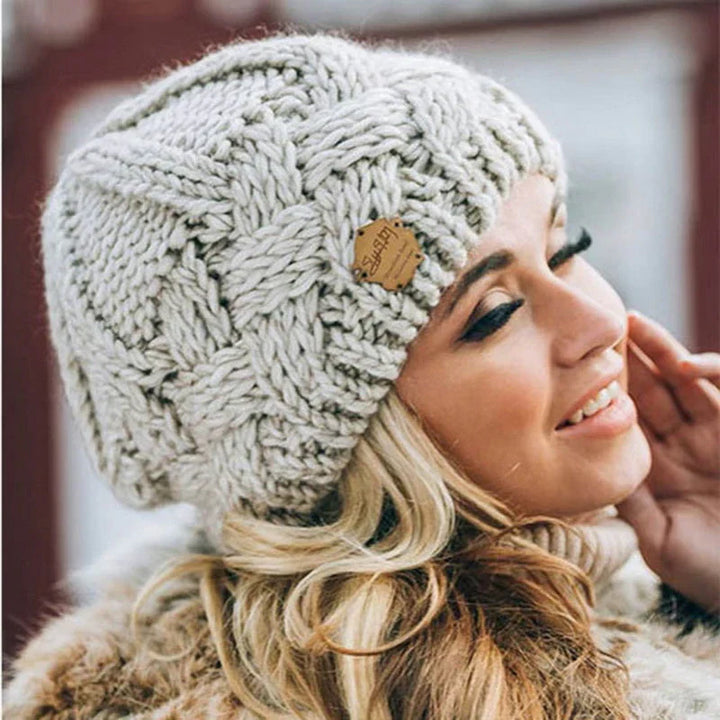 Beige Wool-Cotton Blend Knit Beanie