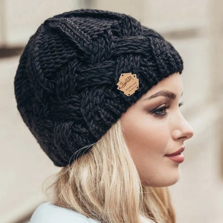 Black Wool-Cotton Blend Knit Beanie