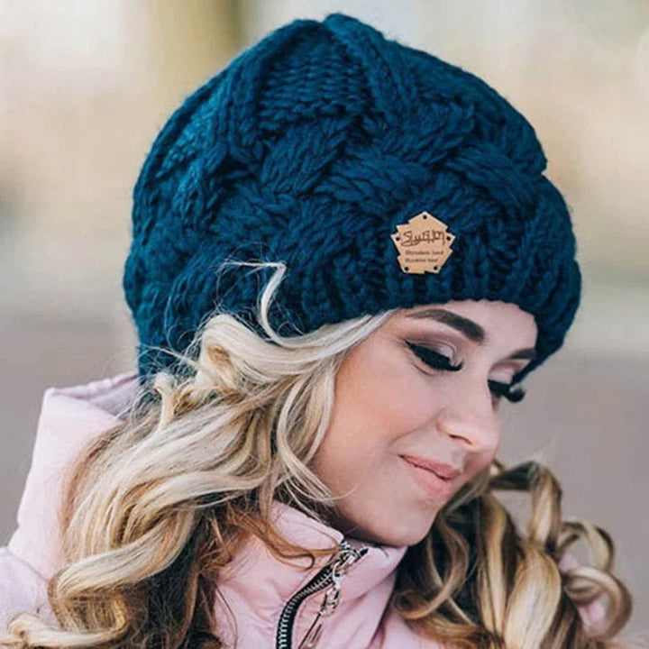 Blue Wool-Cotton Blend Knit Beanie