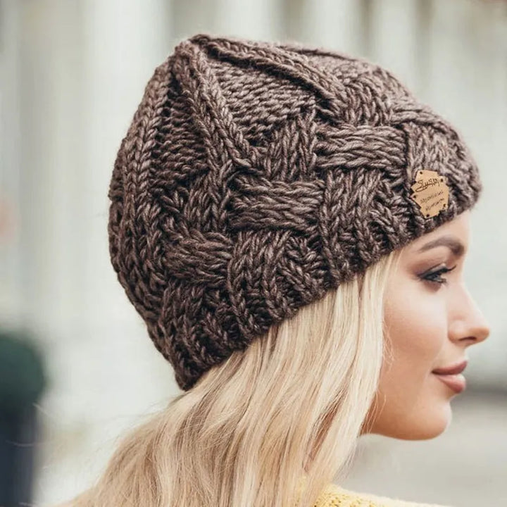 Coffee Wool-Cotton Blend Knit Beanie