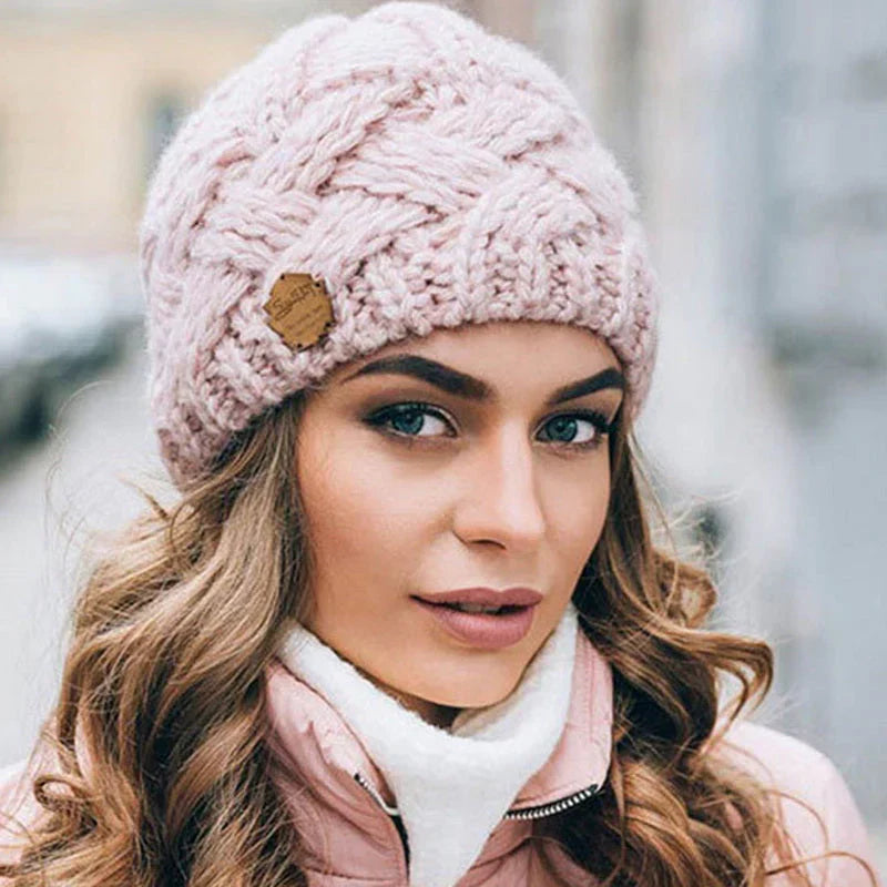Pink Wool-Cotton Blend Knit Beanie