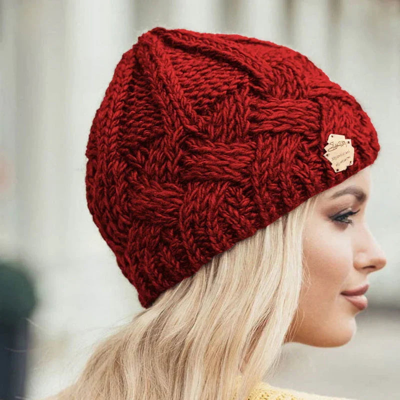 Red Wool-Cotton Blend Knit Beanie