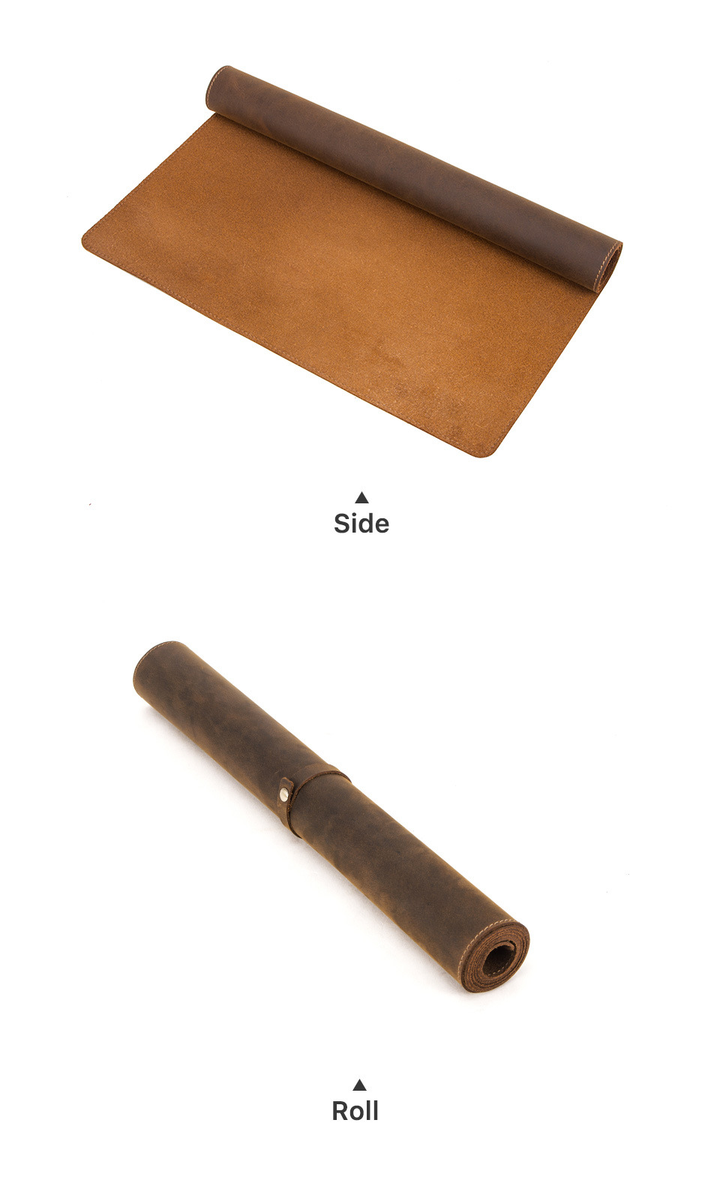 Leather desk mat rolled with cowhide strap