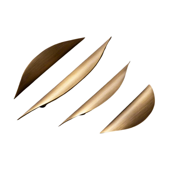 Crescent Brushed Brass Cabinet Pull three sizes on white background