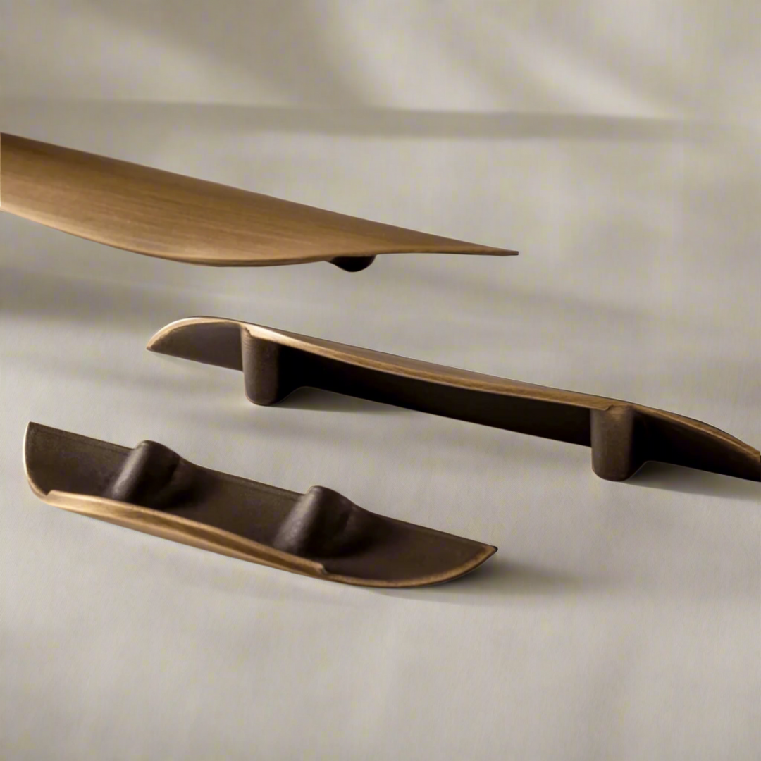 Crescent Brushed Brass Cabinet Pull side and back view