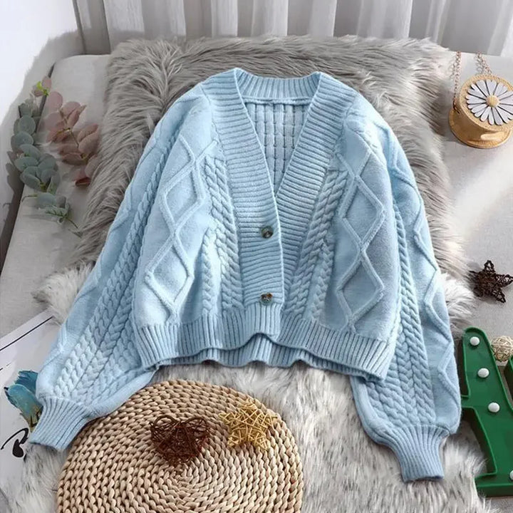 Blue Cropped Cable Knit Cardigan flat lay