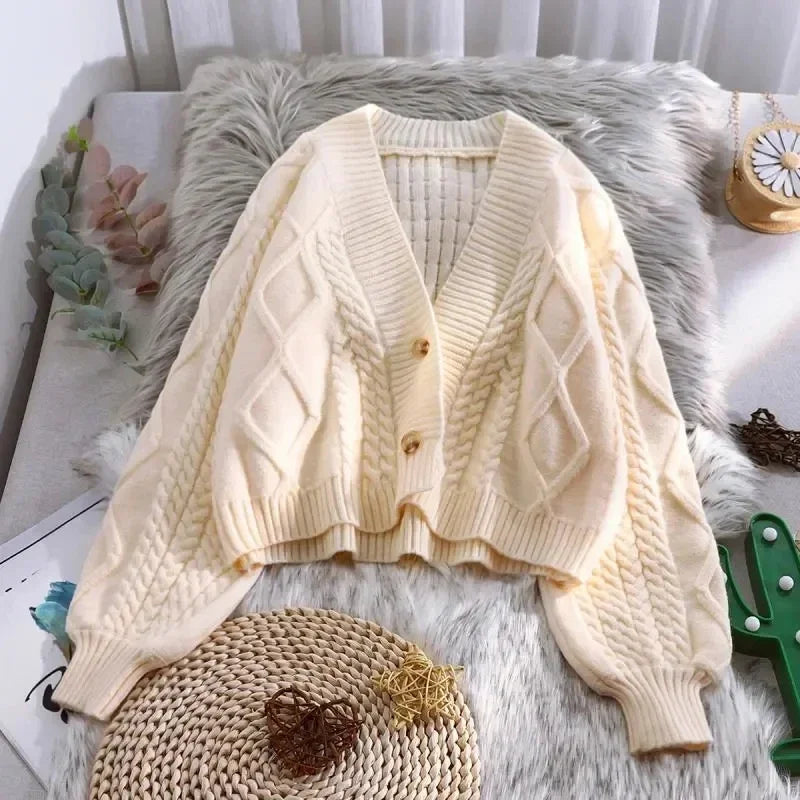 Beige Cropped Cable Knit Cardigan flat lay