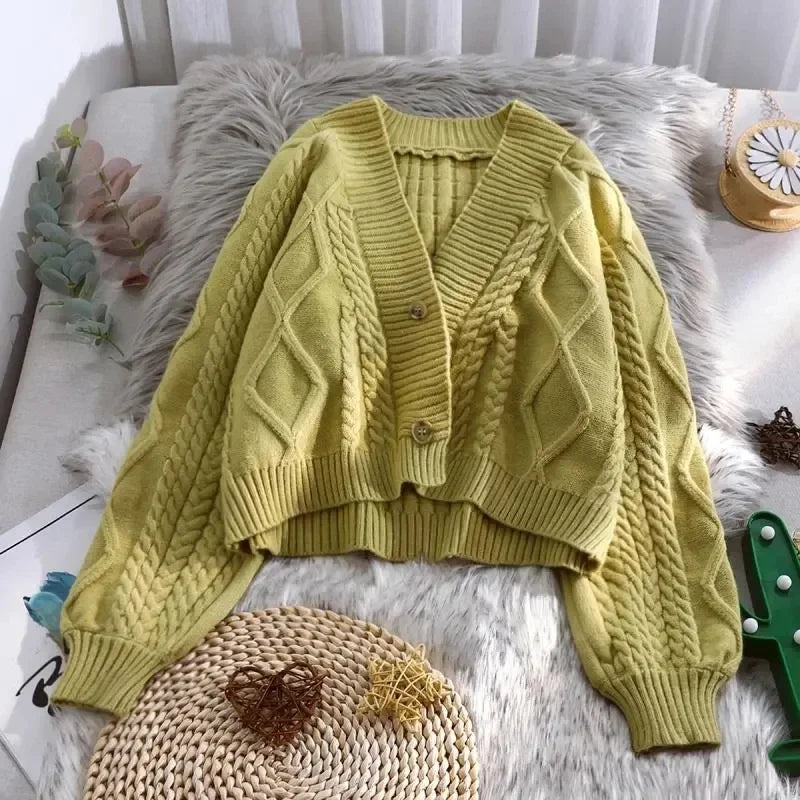 Green Cropped Cable Knit Cardigan flat lay