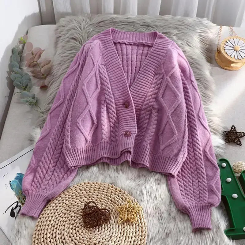 Purple Cropped Cable Knit Cardigan flat lay