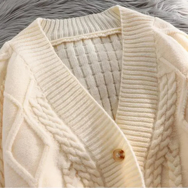 Beige Cropped Cable Knit Cardigan button and knit detail