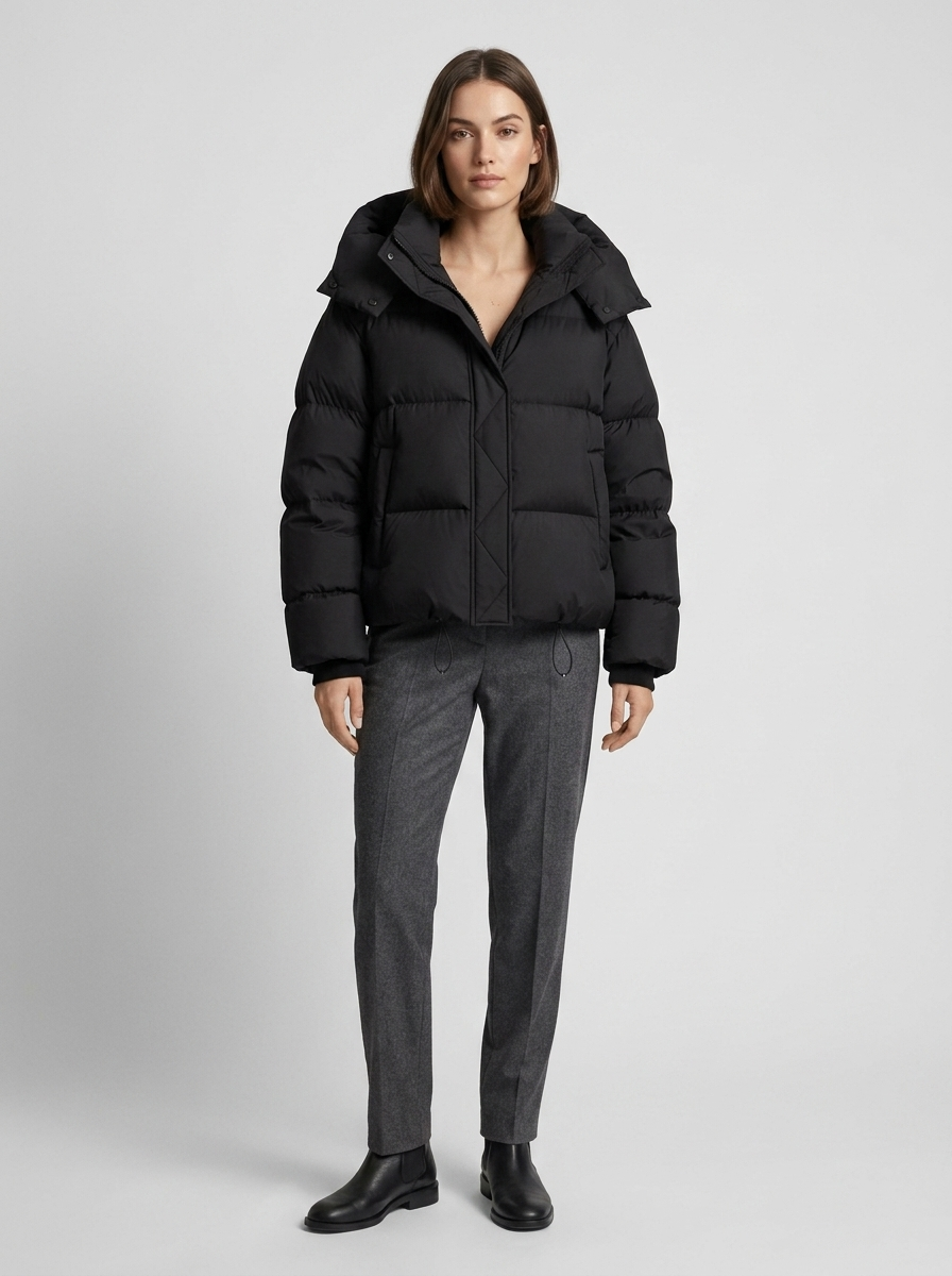 Black Cropped Puffer Jacket front view on model
