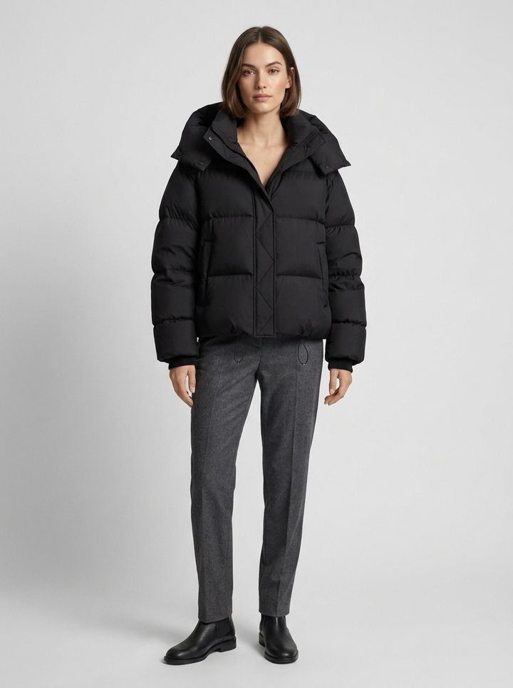 Black Cropped Puffer Jacket front view on model