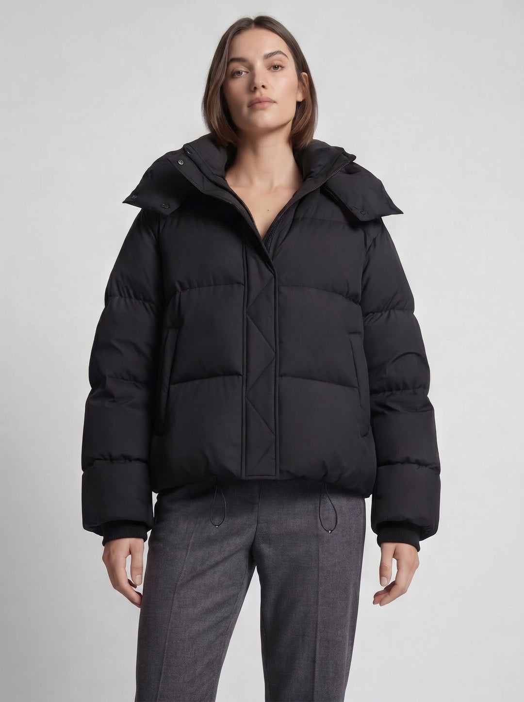 Black Cropped Puffer Jacket front close-up