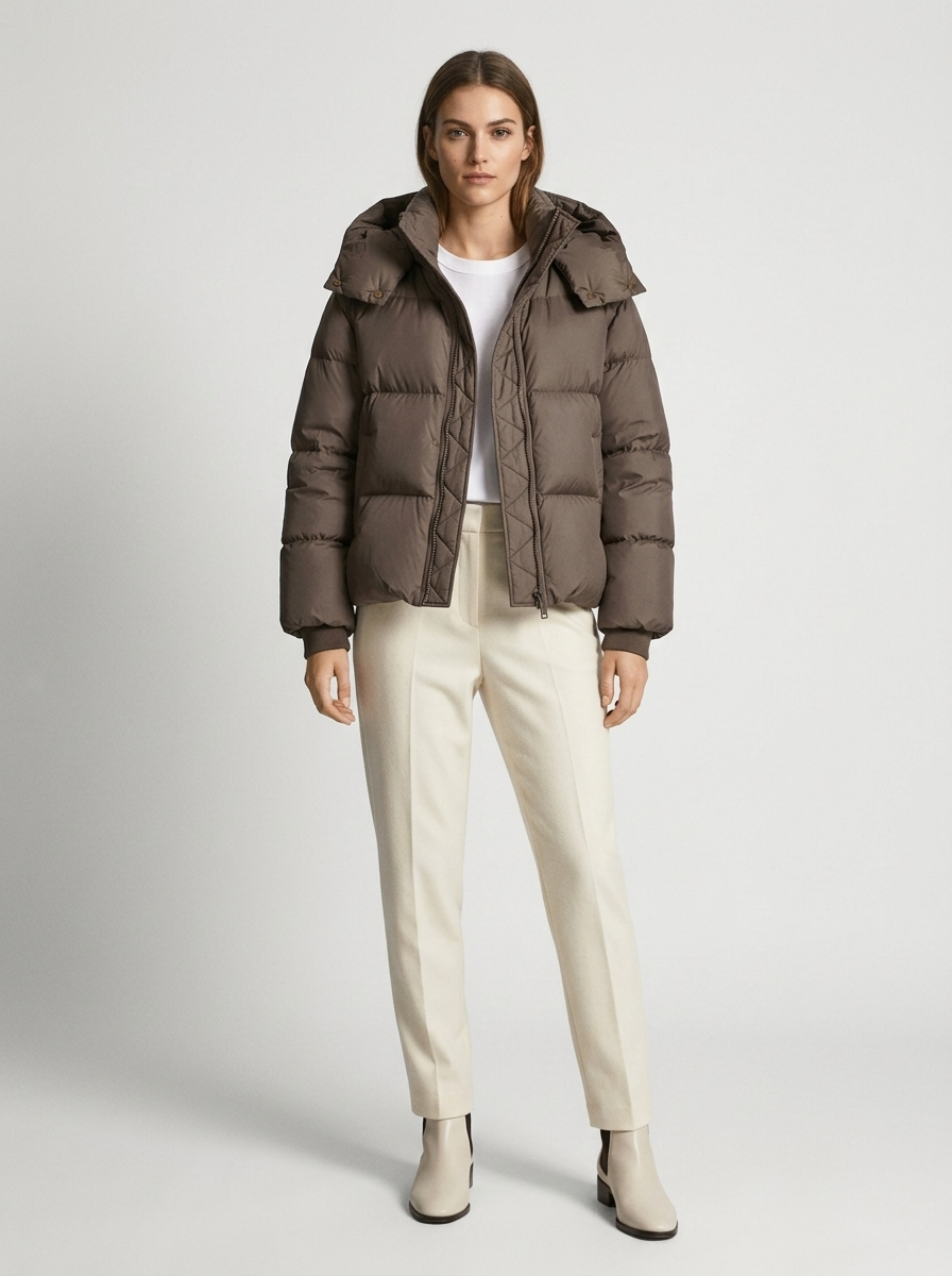 Brown Cropped Puffer Jacket front view
