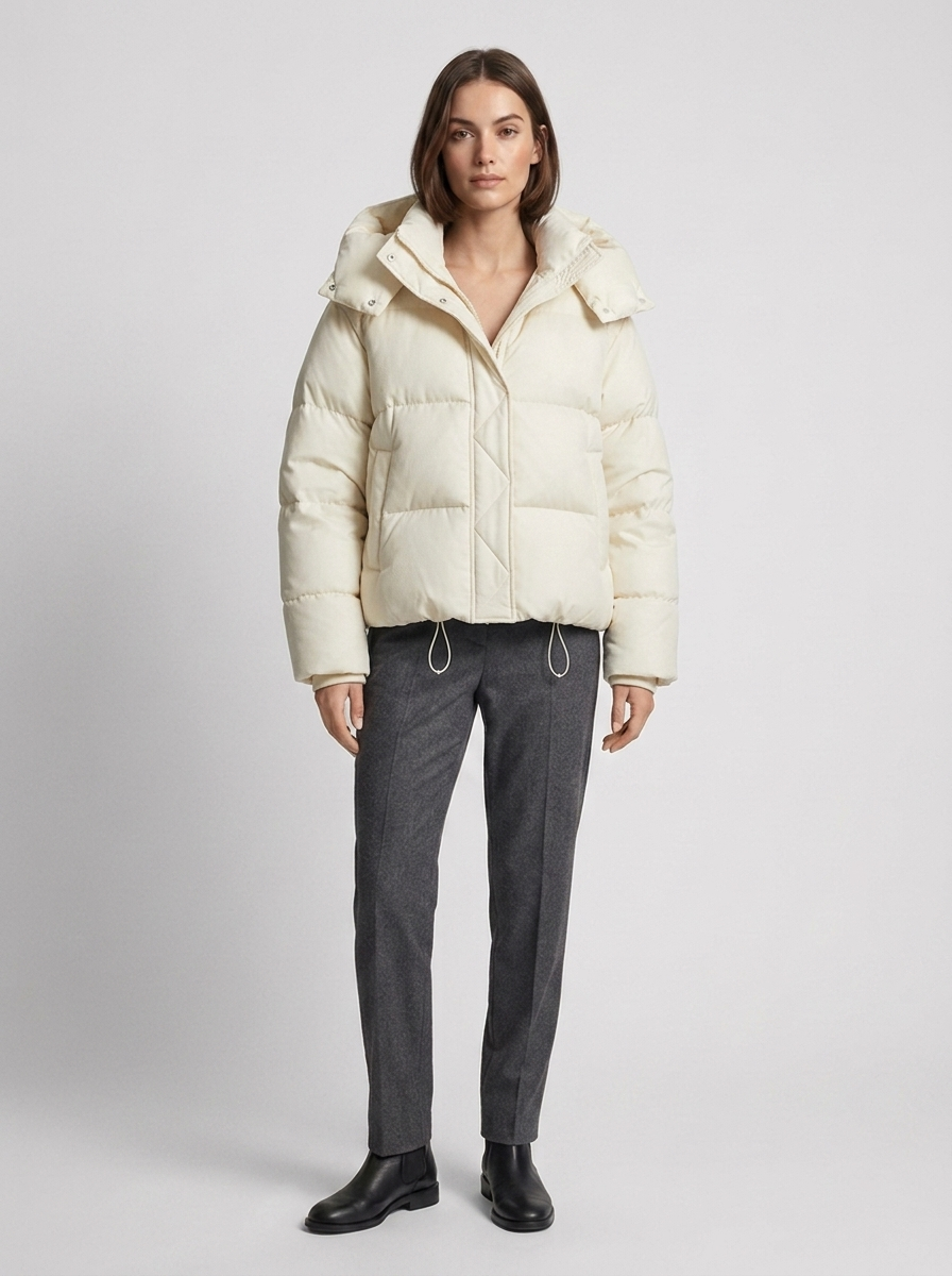 Beige Cropped Puffer Jacket front view