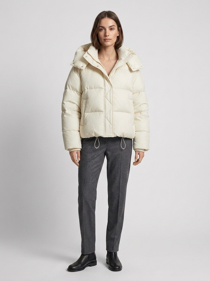 Beige Cropped Puffer Jacket front view