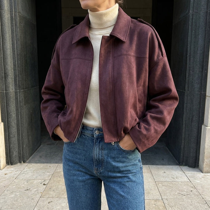 Burgundy Cropped Suede Bomber Jacket worn lifestyle
