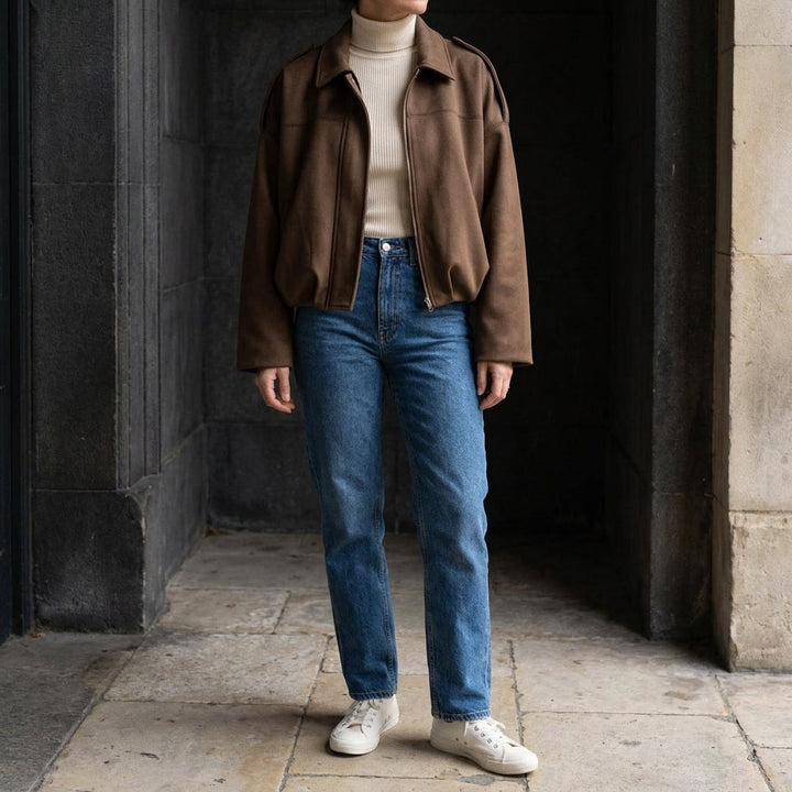 Brown Cropped Suede Bomber Jacket worn outfit