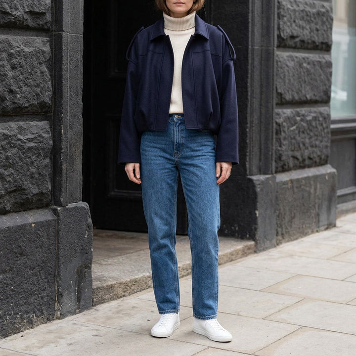 Navy Cropped Suede Bomber Jacket worn outfit