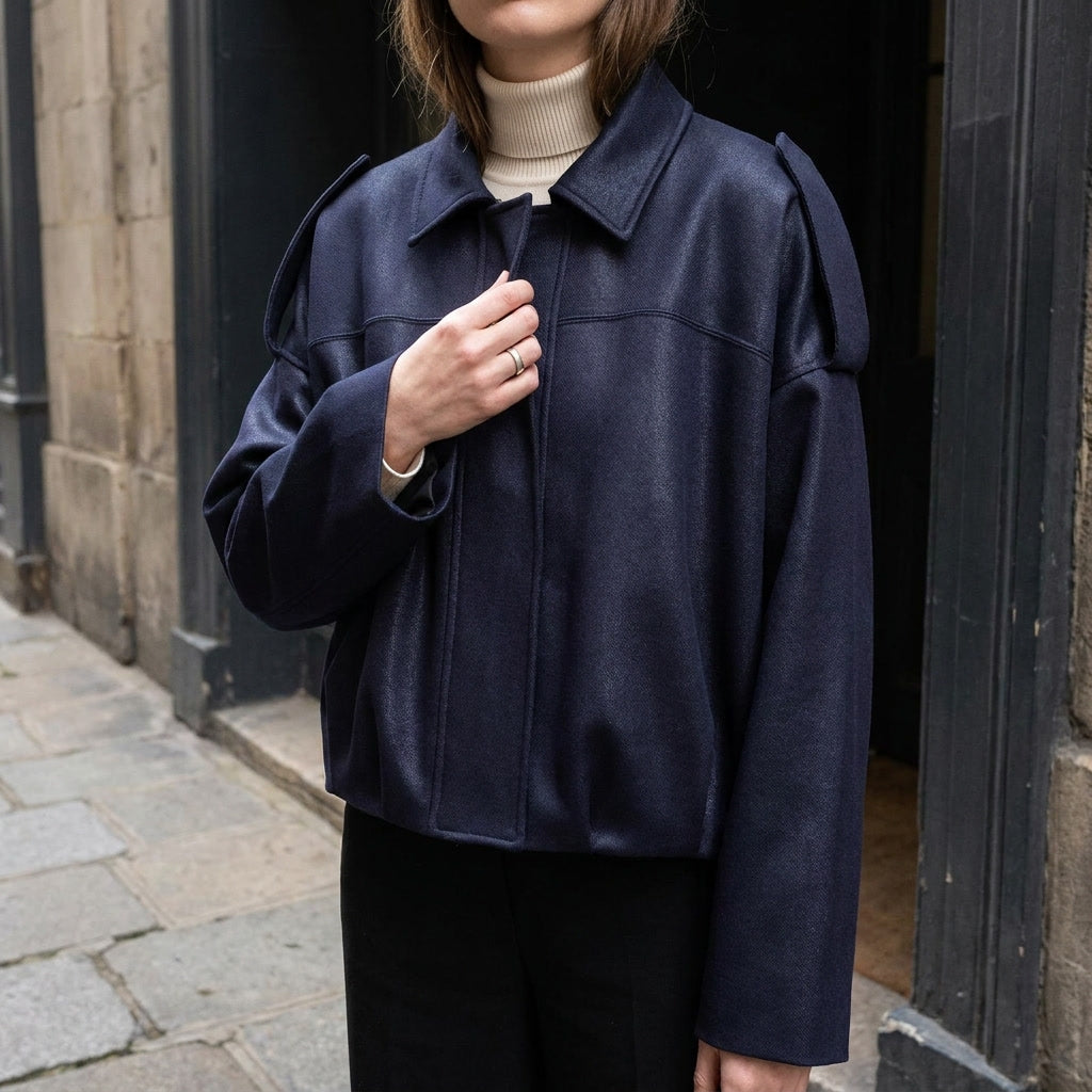 Navy Cropped Suede Bomber Jacket worn detail