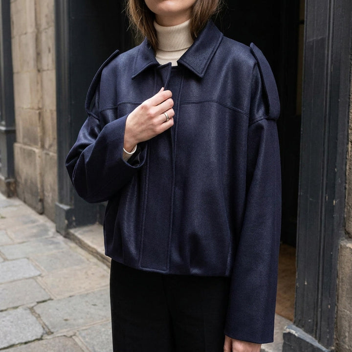 Navy Cropped Suede Bomber Jacket worn detail