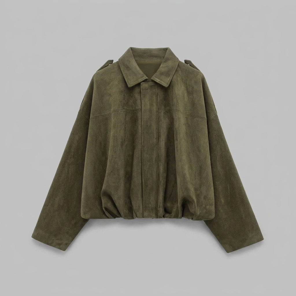 Green Cropped Suede Bomber Jacket flat lay front