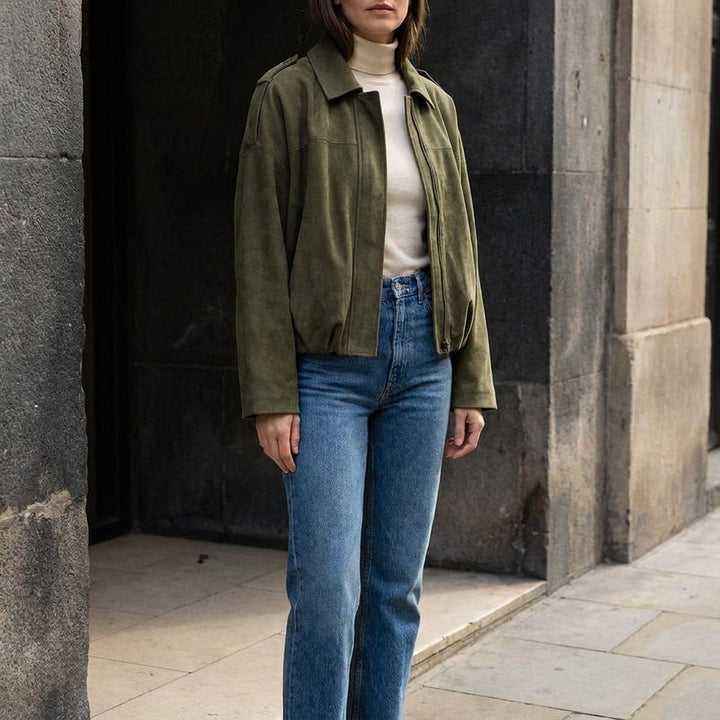 Green Cropped Suede Bomber Jacket worn lifestyle