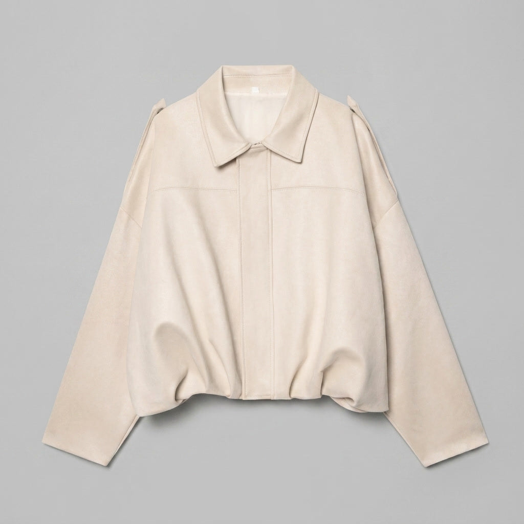 Beige Cropped Suede Bomber Jacket flat lay front