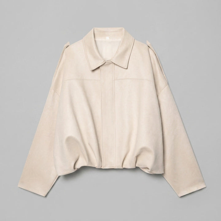 Beige Cropped Suede Bomber Jacket flat lay front