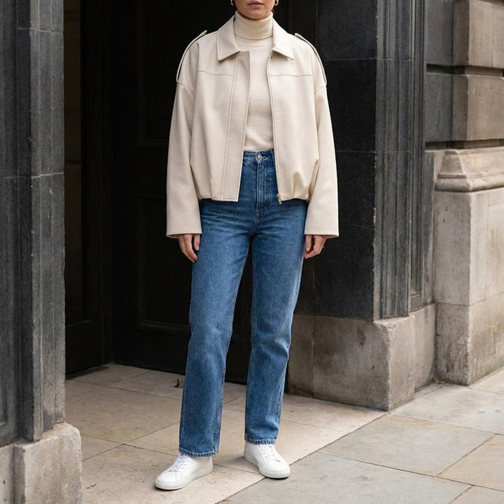 Beige Cropped Suede Bomber Jacket worn outfit