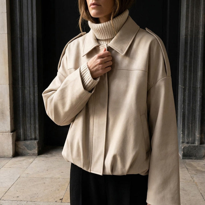 Beige Cropped Suede Bomber Jacket worn detail