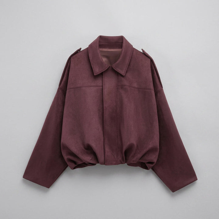 Burgundy Cropped Suede Bomber Jacket flat lay front