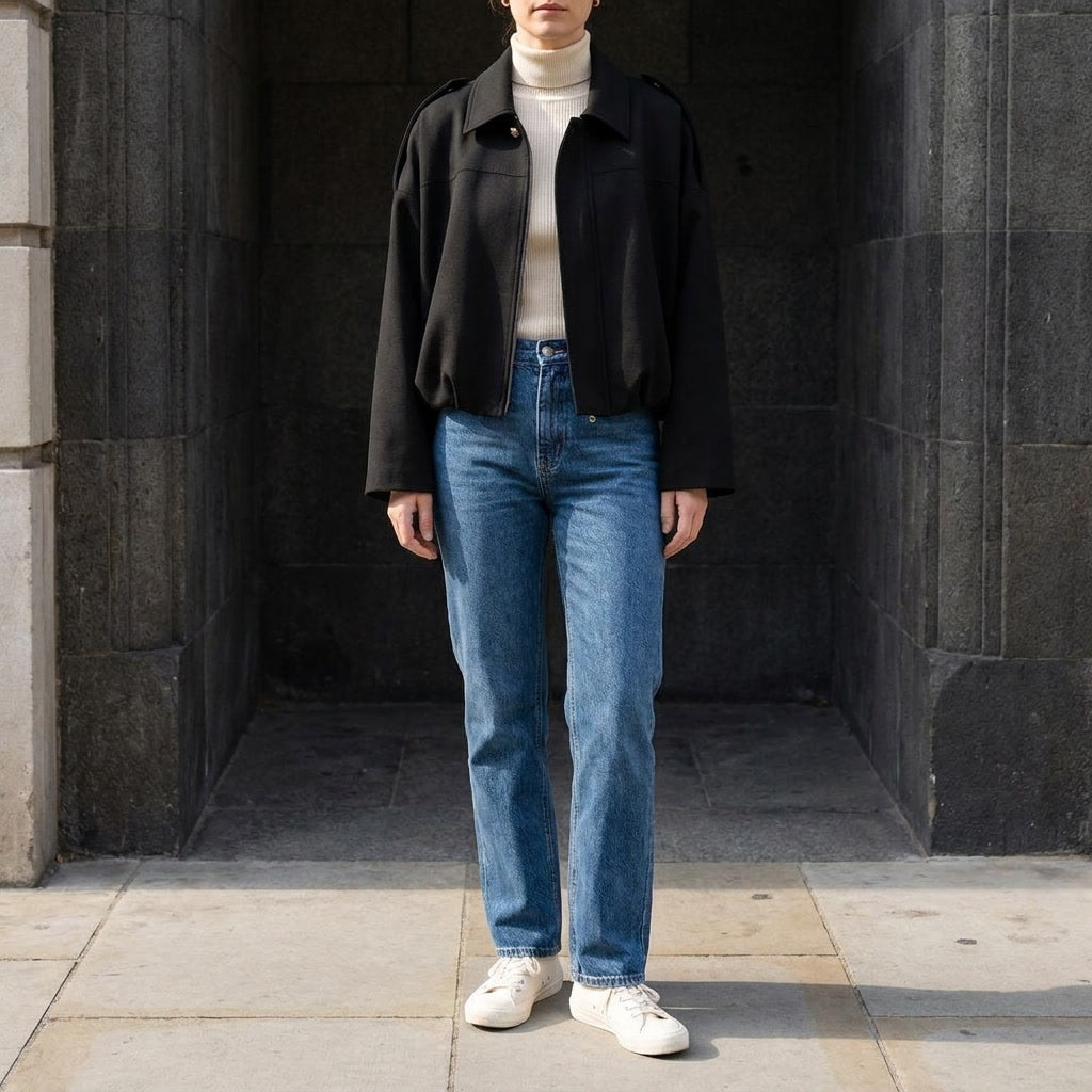 Black Cropped Suede Bomber Jacket worn outfit