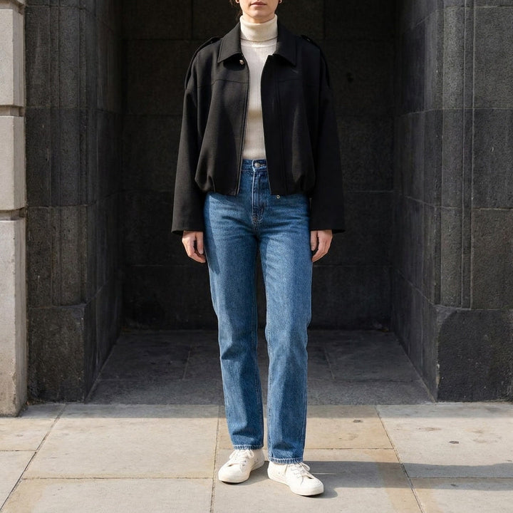 Black Cropped Suede Bomber Jacket worn outfit