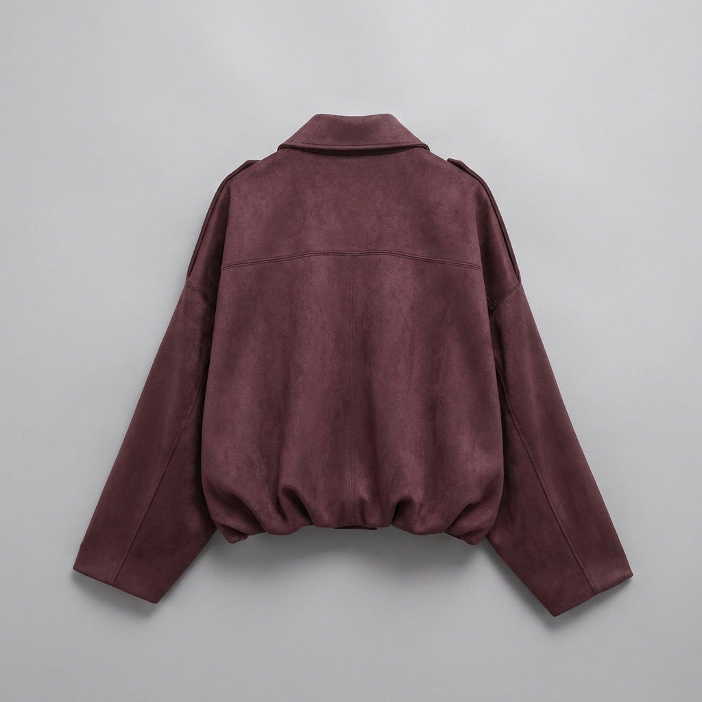 Burgundy Cropped Suede Bomber Jacket flat lay back