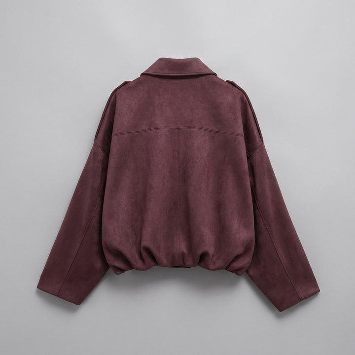 Burgundy Cropped Suede Bomber Jacket flat lay back