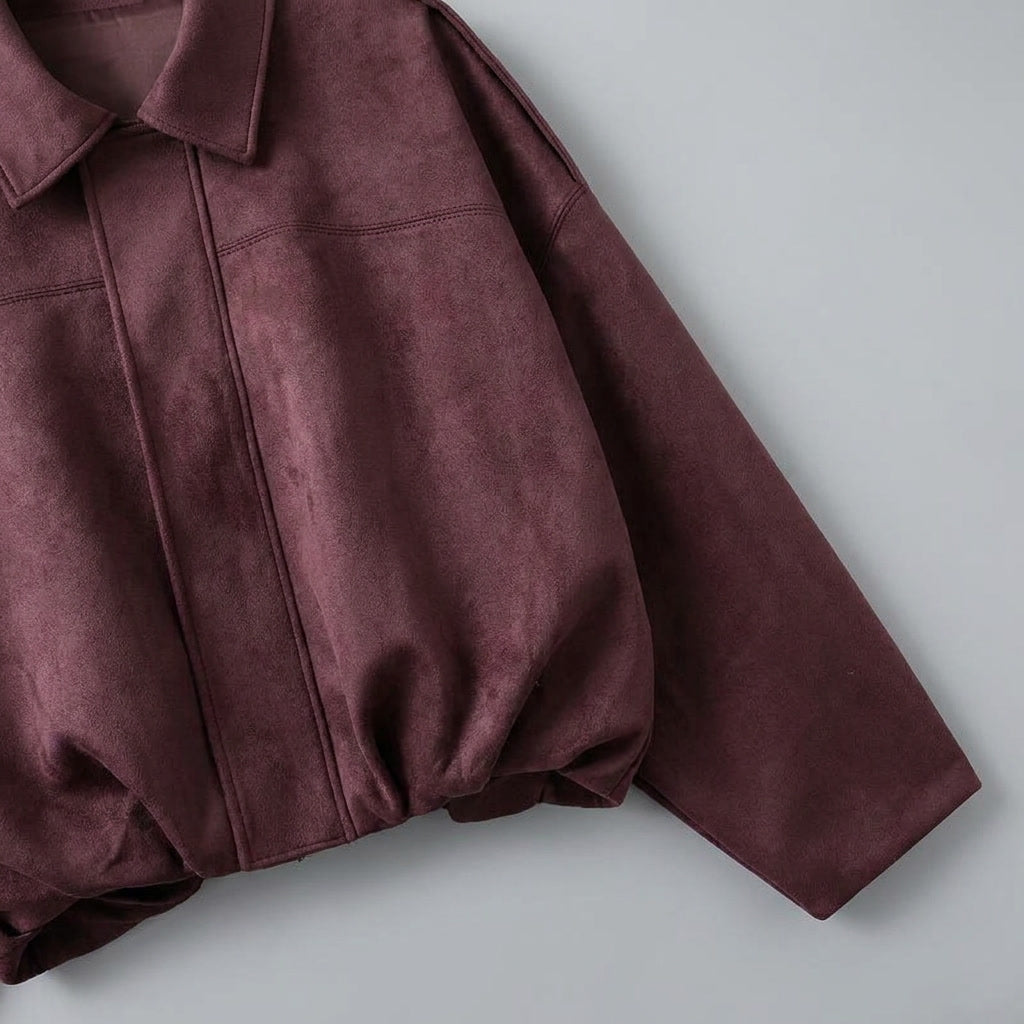 Burgundy Cropped Suede Bomber Jacket suede detail