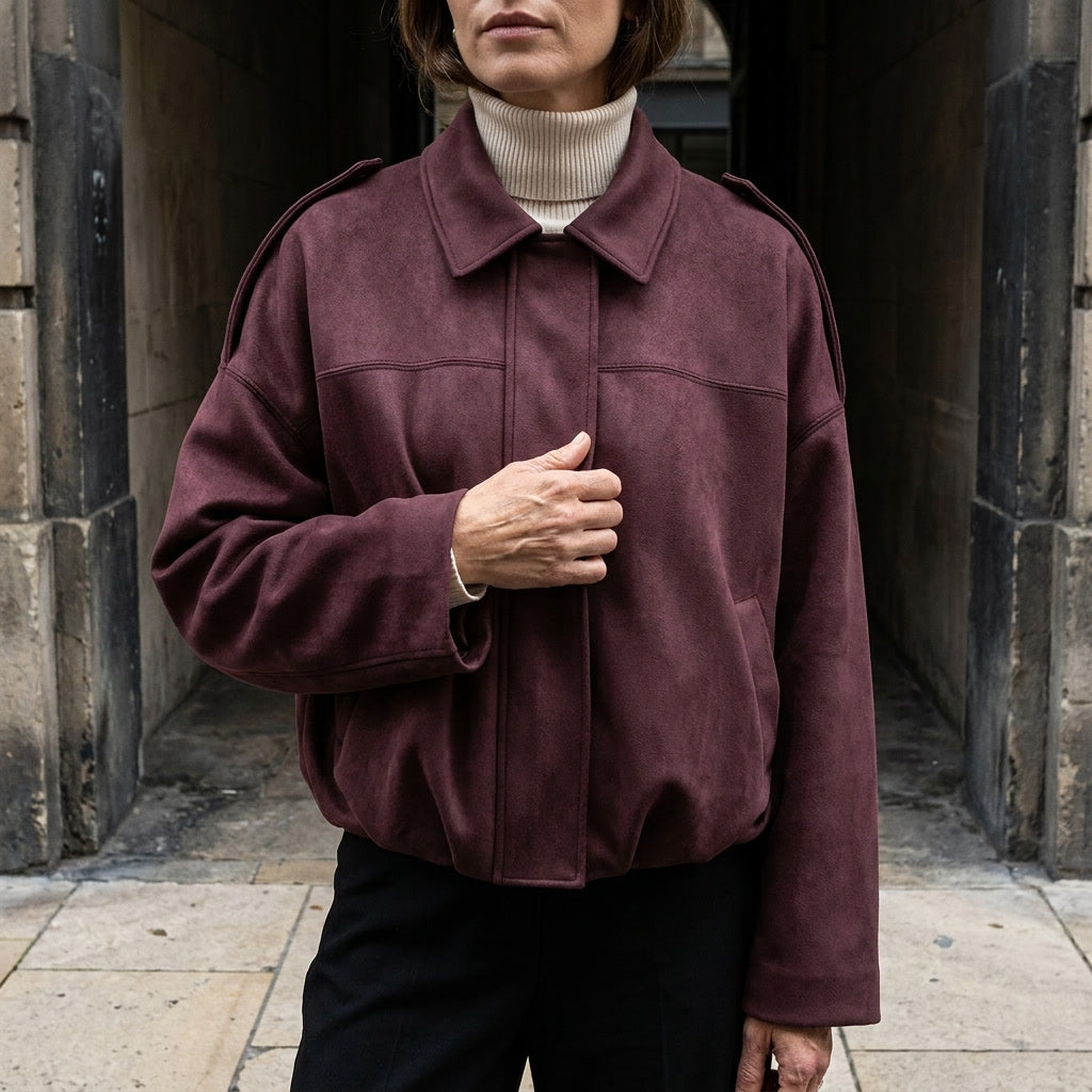 Burgundy Cropped Suede Bomber Jacket worn detail
