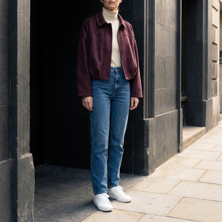 Burgundy Cropped Suede Bomber Jacket worn outfit