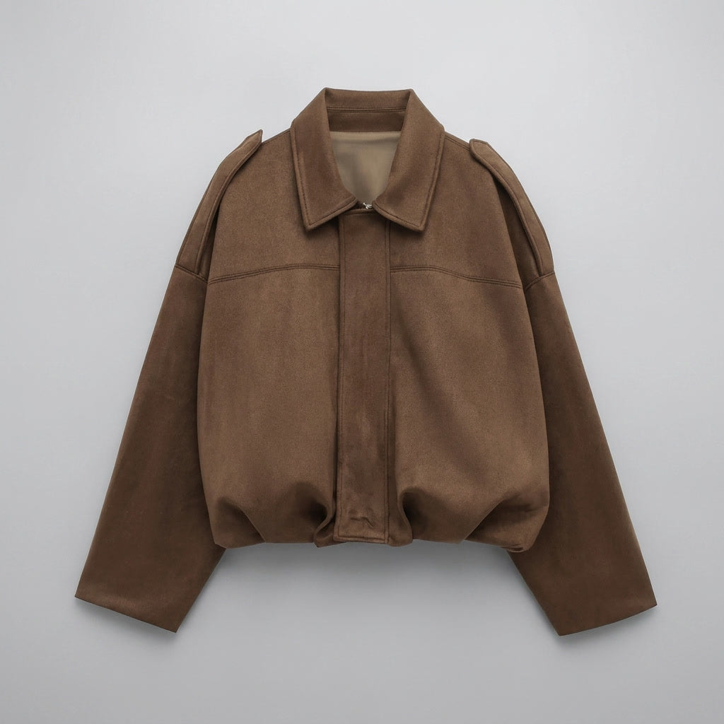 Brown Cropped Suede Bomber Jacket flat lay front